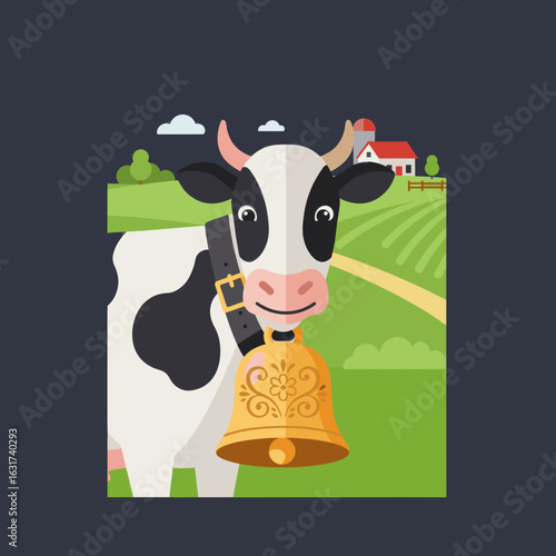 Cartoon cow smiling in a green pasture with a farmhouse and fields in the background