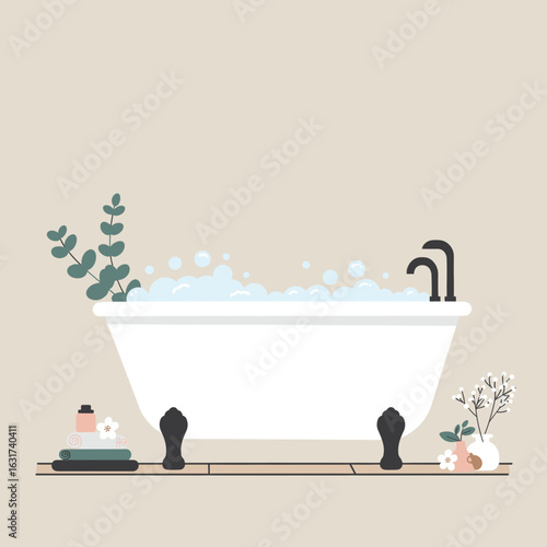 Cozy bathroom scene featuring a filled bathtub with bubbles and greenery