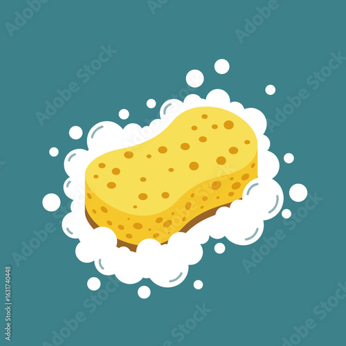 Bright yellow sponge surrounded by bubbles on a teal background, ideal for cleaning themes