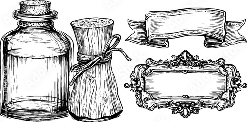 Vintage apothecary bottle and label set - hand drawn engravings for retro design