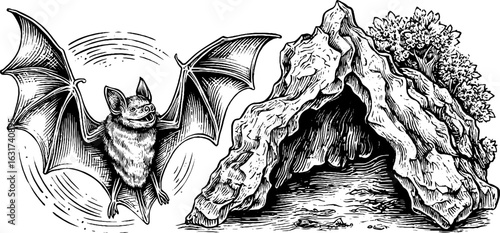 Vintage engraved illustration of bat in flight and natural cave for retro design