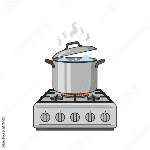 A pot bubbling on a stove with steam rising, indicating cooking in a kitchen setting