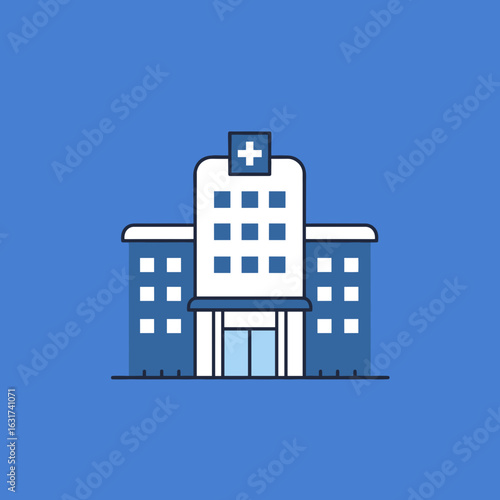 Modern hospital building illustration with clear blue sky and minimalistic design