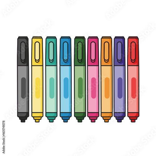 A vibrant array of colorful markers lined up against a white background, ideal for creative projects