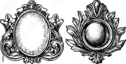 Vintage hand drawn engraving of brooch and pin set for retro design