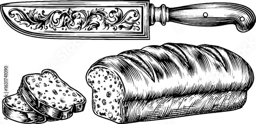 Vintage bread knife and loaf engraving illustration for culinary design