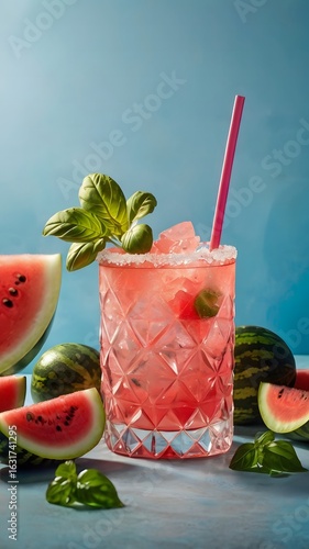A vibrant watermelon basil cocktail with crushed ice in a beautiful crystal glass, a perfect refreshing summer cooler drink against a cool blue background.