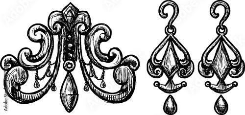 Elegant vintage engraved chandelier earrings set design for jewelry art and fashion accessories