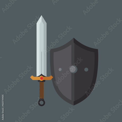 A stylized sword and shield against a dark background, symbolizing battle readiness