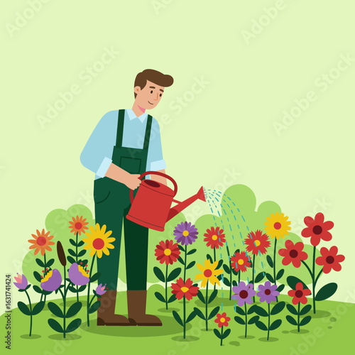 Young man watering colorful flowers in a vibrant garden with a sunny background