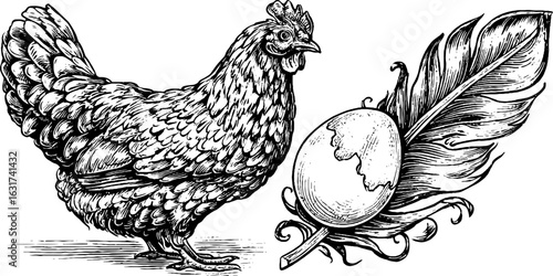 Vintage engraving of chicken with egg and feather for design and decoration