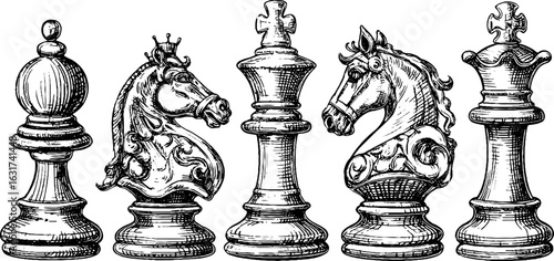 Vintage engraved chess set with knight and pawn silhouettes for unique design