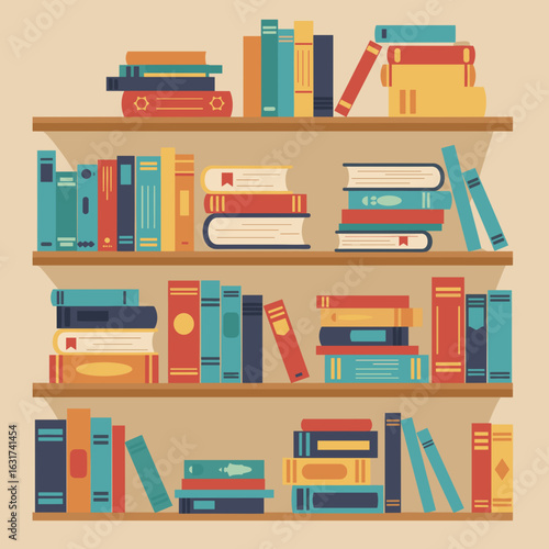 Colorful bookshelf filled with various books, creating a cozy reading atmosphere