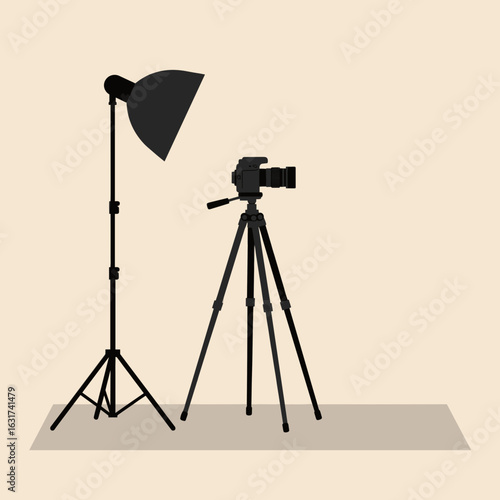 A professional camera setup with a softbox light on a tripod in a studio environment