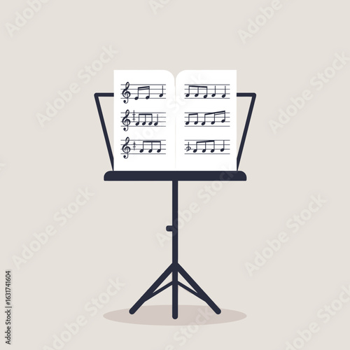 Sheet music displayed on a stand with musical notes, set against a neutral background