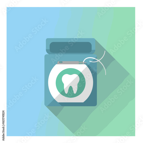 Dental floss packaging with a tooth graphic, set against a gradient background