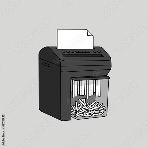 Office scene featuring a paper shredder with documents being processed and a minimalist background