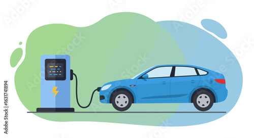 Electric vehicle charging at a modern station with a colorful abstract background