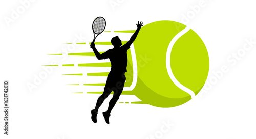 A dynamic silhouette of a tennis player mid-serve, with a large, vibrant tennis ball and speed lines indicating rapid motion on a white background.