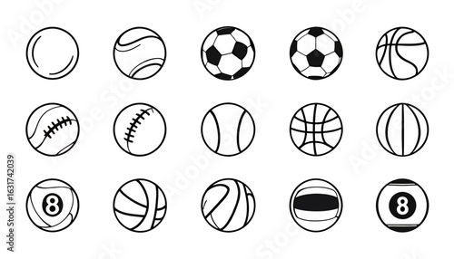 Collection of iconic sports balls including tennis, soccer, basketball, baseball, and billiard icons, presented as clean vector graphics on a white background.
