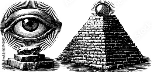 Mystical egyptian eye and pyramid engraving for historical decor