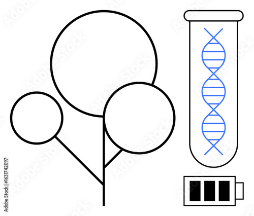 DNA helix inside a test tube, minimalistic tree-thumbs up shape representing nature, and a battery icon. Ideal for genetic research, biotechnology, sustainability, green energy, bioengineering