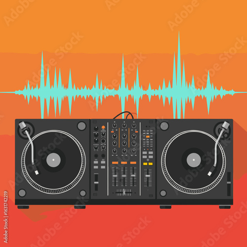 Vibrant DJ setup with sound waves, showcasing music creation in a lively atmosphere