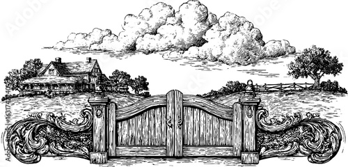 Vintage farmhouse and cloudscape engraving set – retro hand drawn art for design