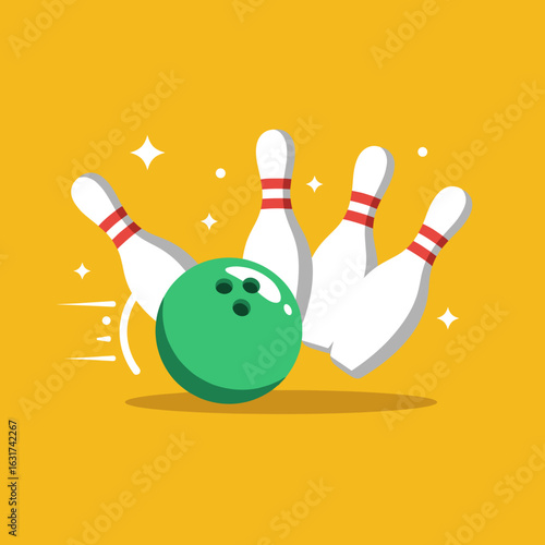 Colorful illustration of a bowling ball striking pins with a vibrant background
