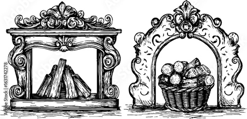 Vintage engraved illustrations of ornate fireplaces and mantels for retro decor and design