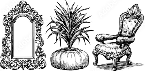 Ornate floor mirror, elegant chair, and potted plant vintage set for interior design and decor