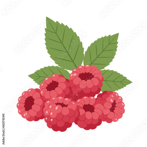 Fresh raspberries with green leaves arranged artistically on a white background