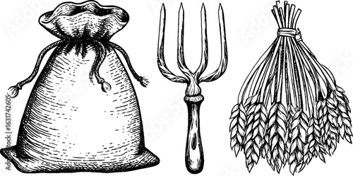 Vintage engraved illustration of grain sack, wheat bundle, and hay fork for rustic design