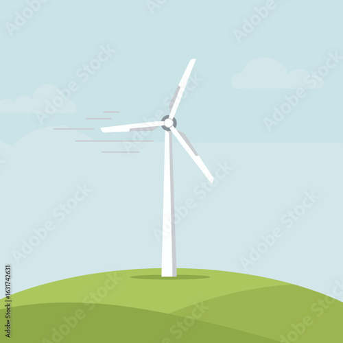 A serene landscape featuring a wind turbine generating clean energy against a clear sky