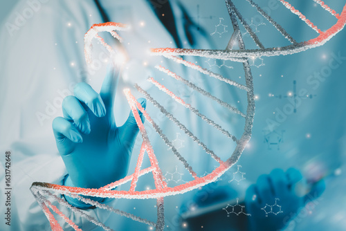 Quadro su tela CRISPR gene editing technology depicted as gloved doctor’s hand interacts with glowing DNA strand, symbolizing genome modification, molecular engineering, and futuristic biotech innovation