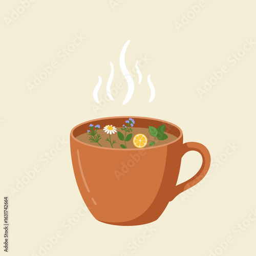 A cozy cup of herbal tea with flowers and lemon, set against a soft background