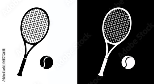 A classic tennis racket and ball are depicted in a clean, graphic vector illustration, perfect for sports and leisure themes.