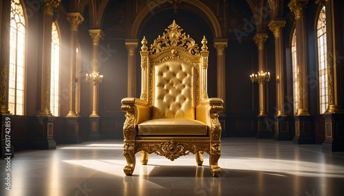 Ornate gold throne in a grand, sunlit hall