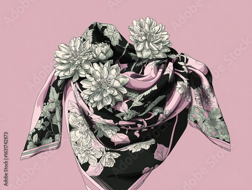 A line art illustration of a recycled scarf with flowers