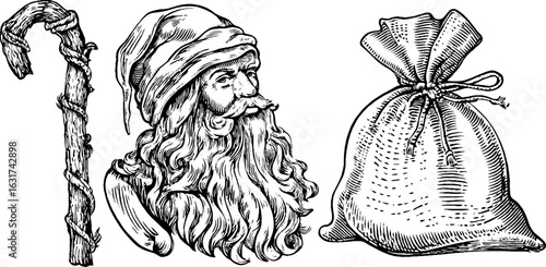 Vintage hand drawn engraving set of hermit, walking stick, and sack silhouette for retro design