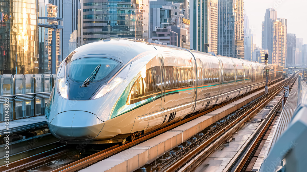 Naklejka premium A gleaming high-speed train races along a track through a modern city setting.