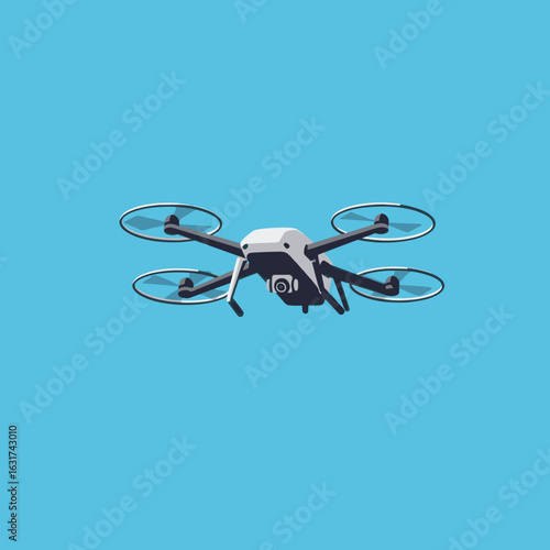 A drone flying against a clear blue sky, showcasing its design and technology
