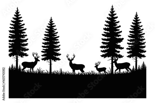 Silhouette of a forest with deer standing among trees and grass in a black and white scene