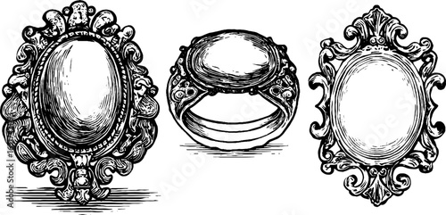 Vintage jewel design sketch with engraved frames and ornaments - retro art for decoration