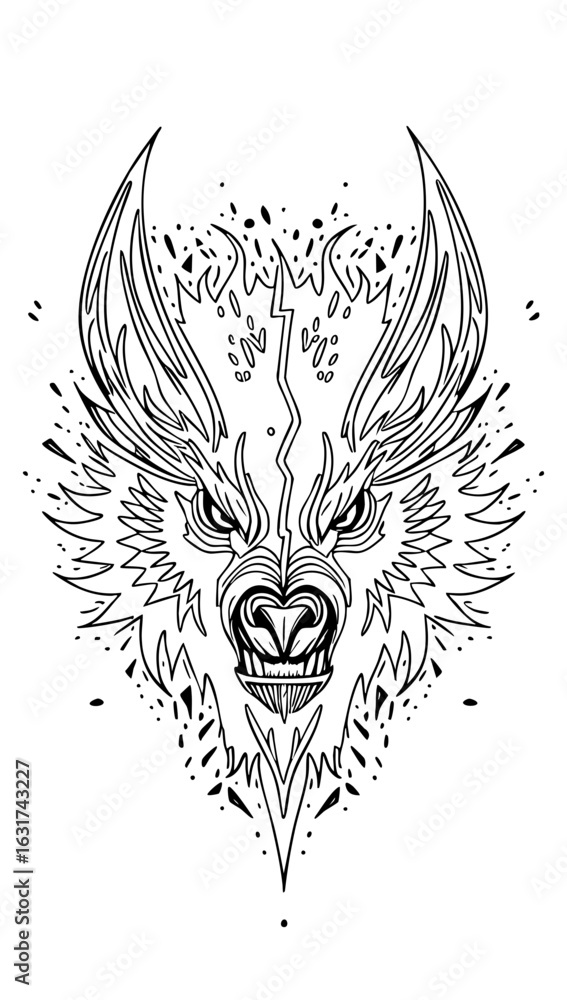 Obraz premium Tribal Wolf Head Vector – Dotwork Ornamental Black and White Tattoo Design