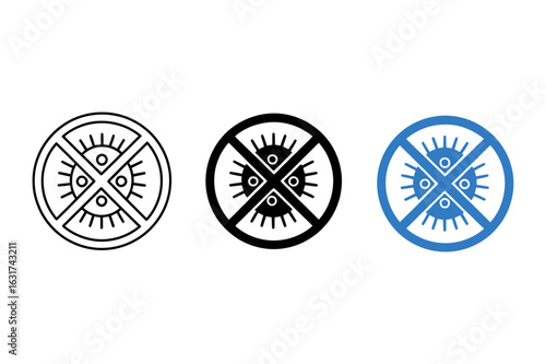 Three depictions of a crossed out circle containing a virus like symbol in varied colors and styles
