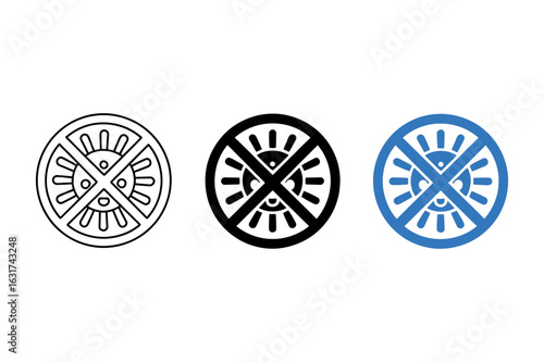 Three sun symbols with a cross through them in black, blue and outline illustration format