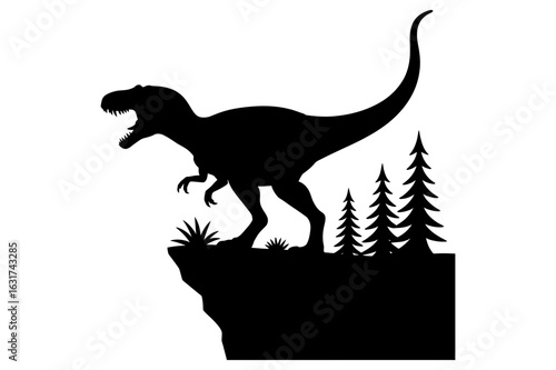Silhouette of a tyrannosaurus rex standing on a cliff with trees in the background scene design