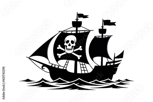 A black pirate ship sailing on water with a skull and crossbones on the main sail visible