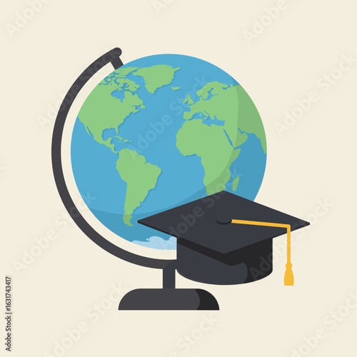 Graduation cap resting beside a globe, symbolizing global education and learning